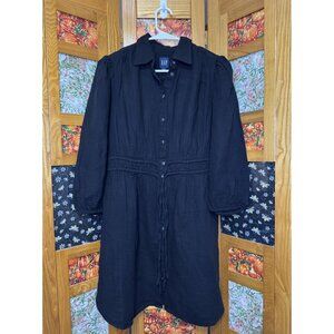 GAP Black Cotton Seersucker Shirtdress Buttons 3/4 Sleeve Preppy Comfy String M